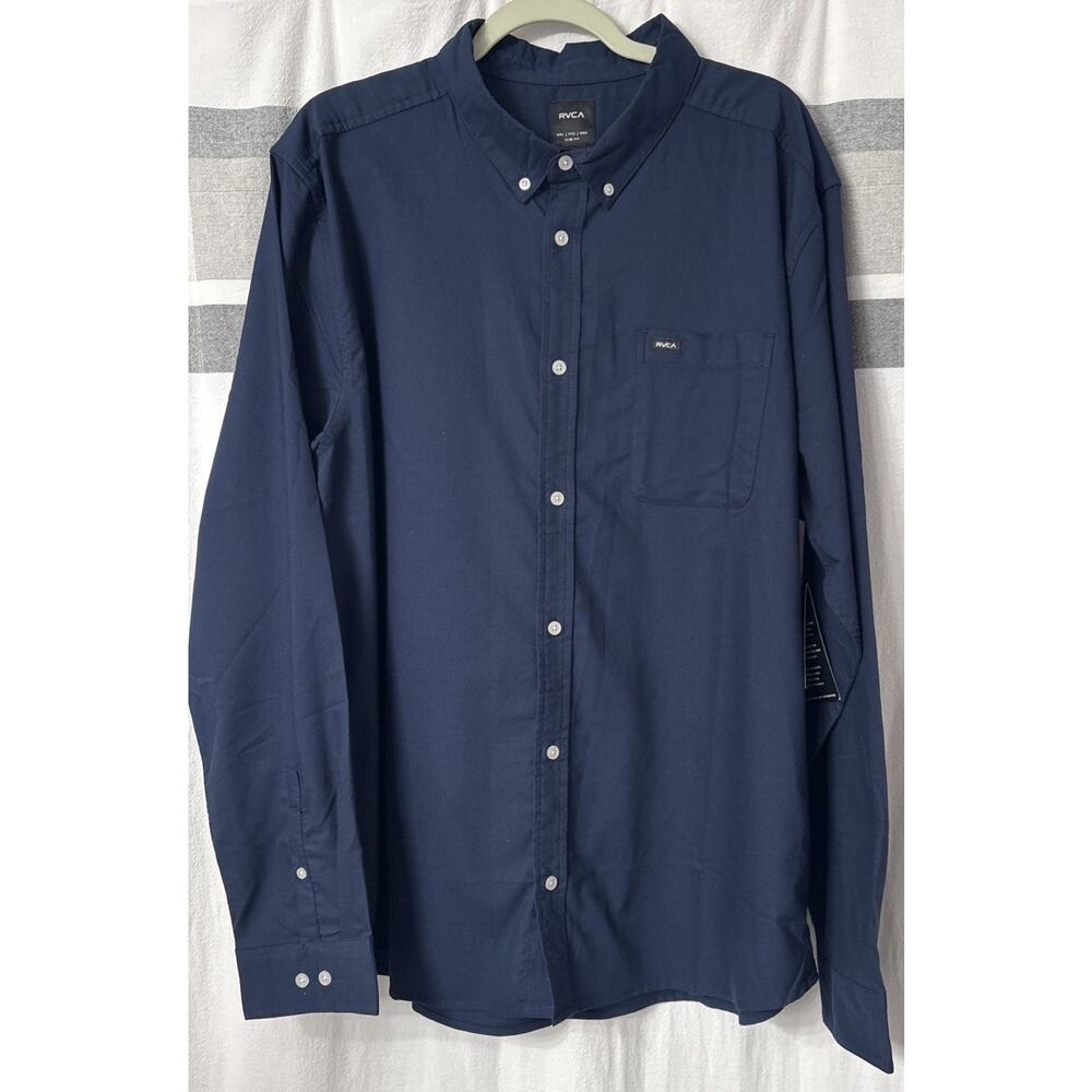 NWT RVCA Men’s 2XL Slim Fit Blue Long Sleeve Button Up Shirt That’ll Do Stretch